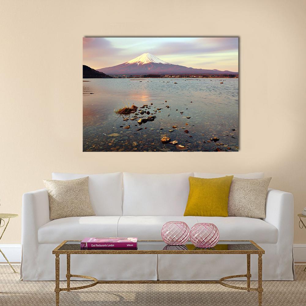 Morning at Snow-capped Fuji Mountain Canvas Wall Art in brown, blue and pink, single panel hung on a wall