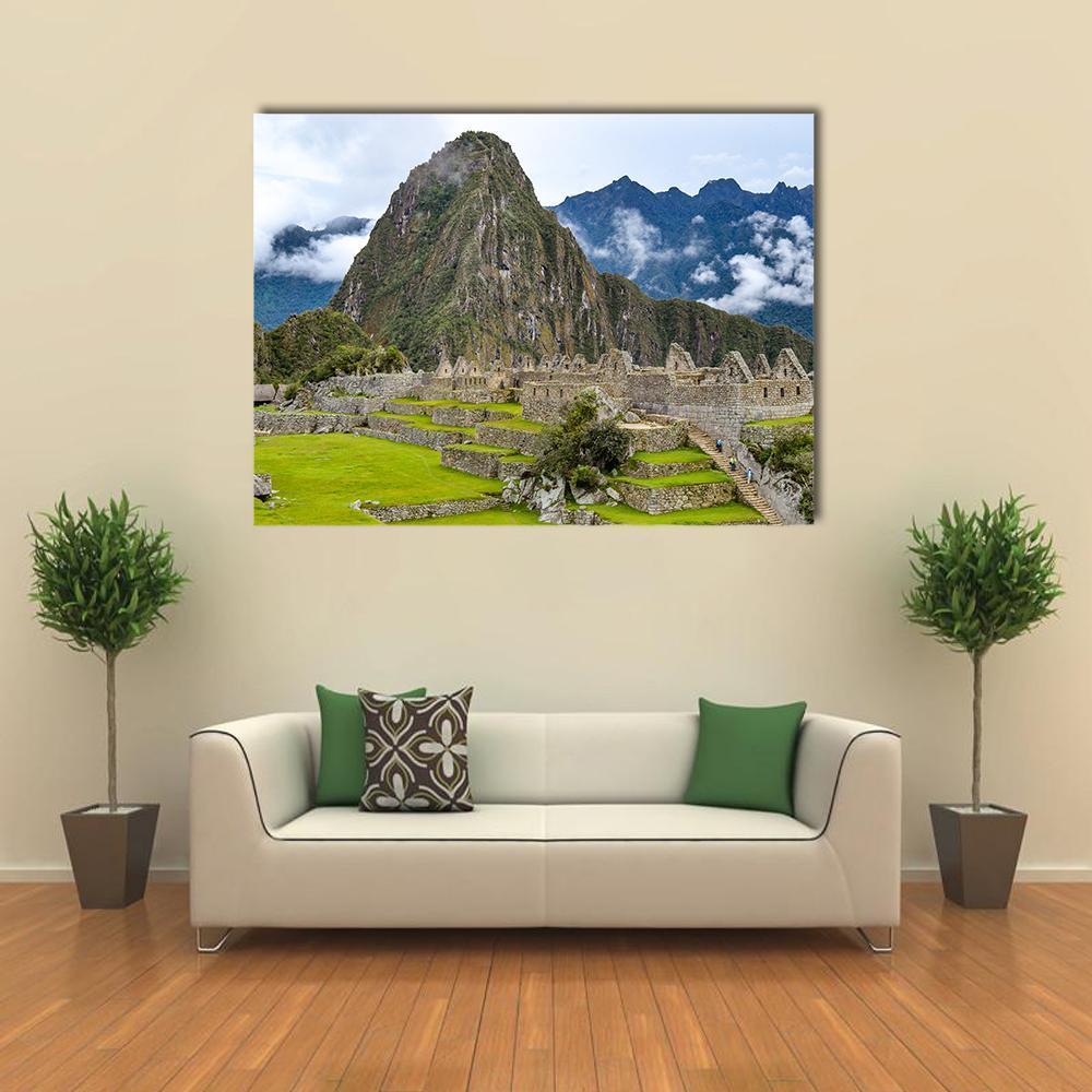 Morning at Machu Picchu Canvas Wall Art in gray, green and blue, single panel hung on a wall