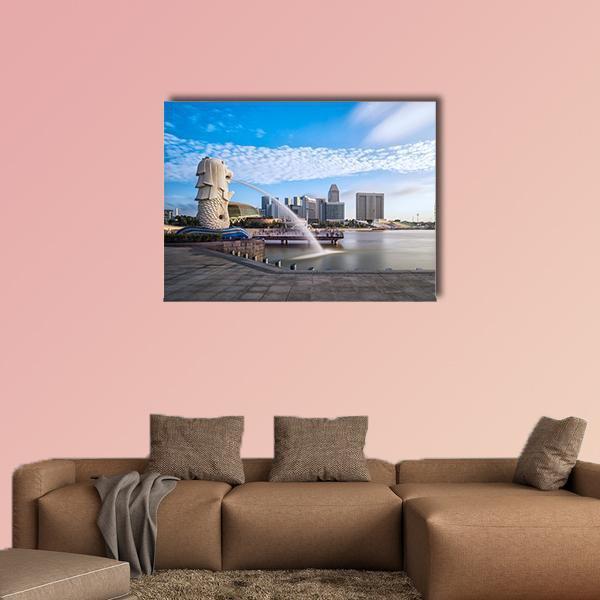 Merlion Fountain Singapore Canvas Wall Art in white, gray and blue, single panel hung on a wall