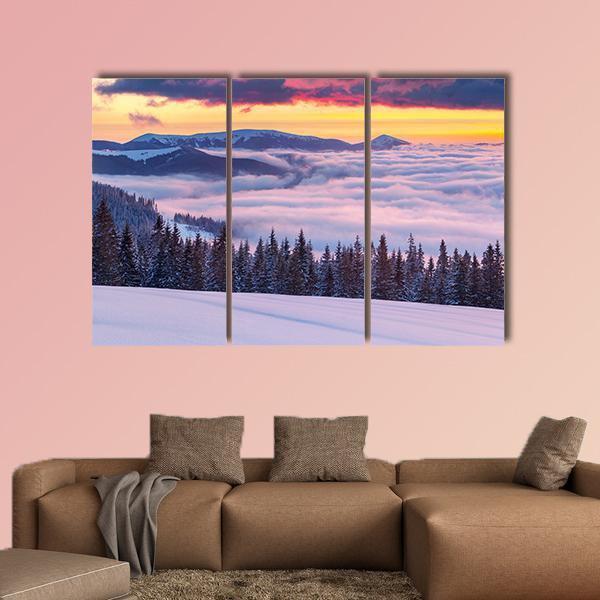 Fog In Winter Mountains Canvas Wall Art-3 Horizontal-Gallery Wrap-37" x 24"-Tiaracle
