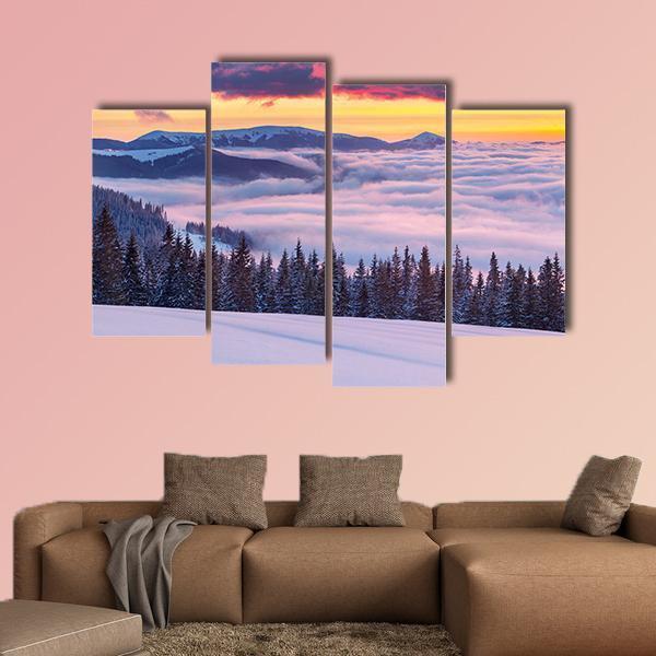 Fog In Winter Mountains Canvas Wall Art-4 Pop-Gallery Wrap-50" x 32"-Tiaracle