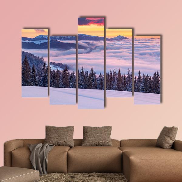 Fog In Winter Mountains Canvas Wall Art-5 Pop-Gallery Wrap-47" x 32"-Tiaracle