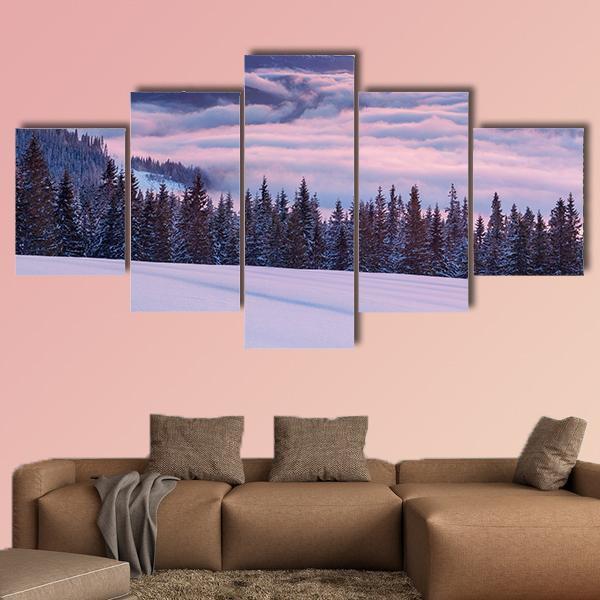 Fog In Winter Mountains Canvas Wall Art-5 Star-Gallery Wrap-62" x 32"-Tiaracle