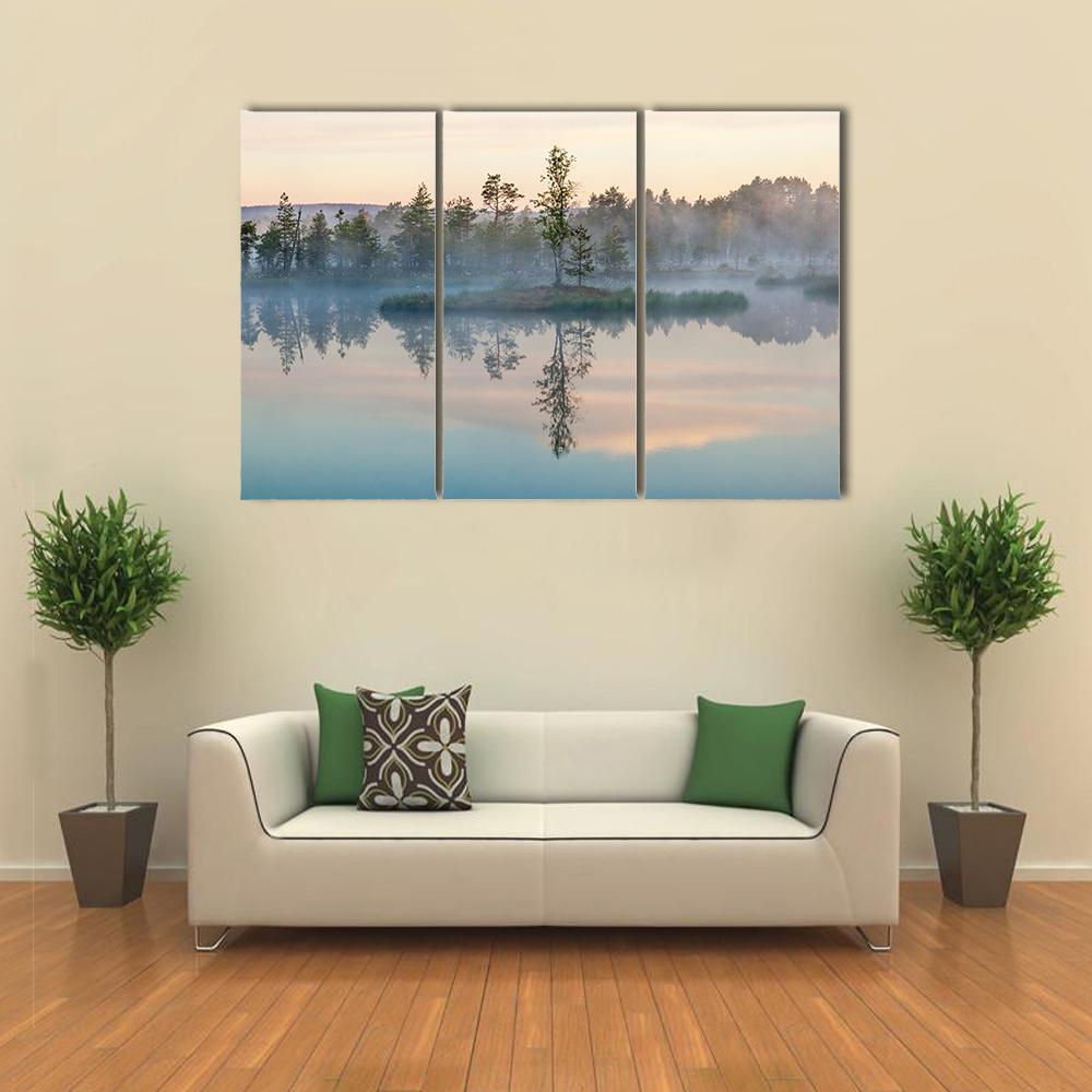 Morning Fog On Lake Canvas Wall Art-3 Horizontal-Gallery Wrap-37" x 24"-Tiaracle