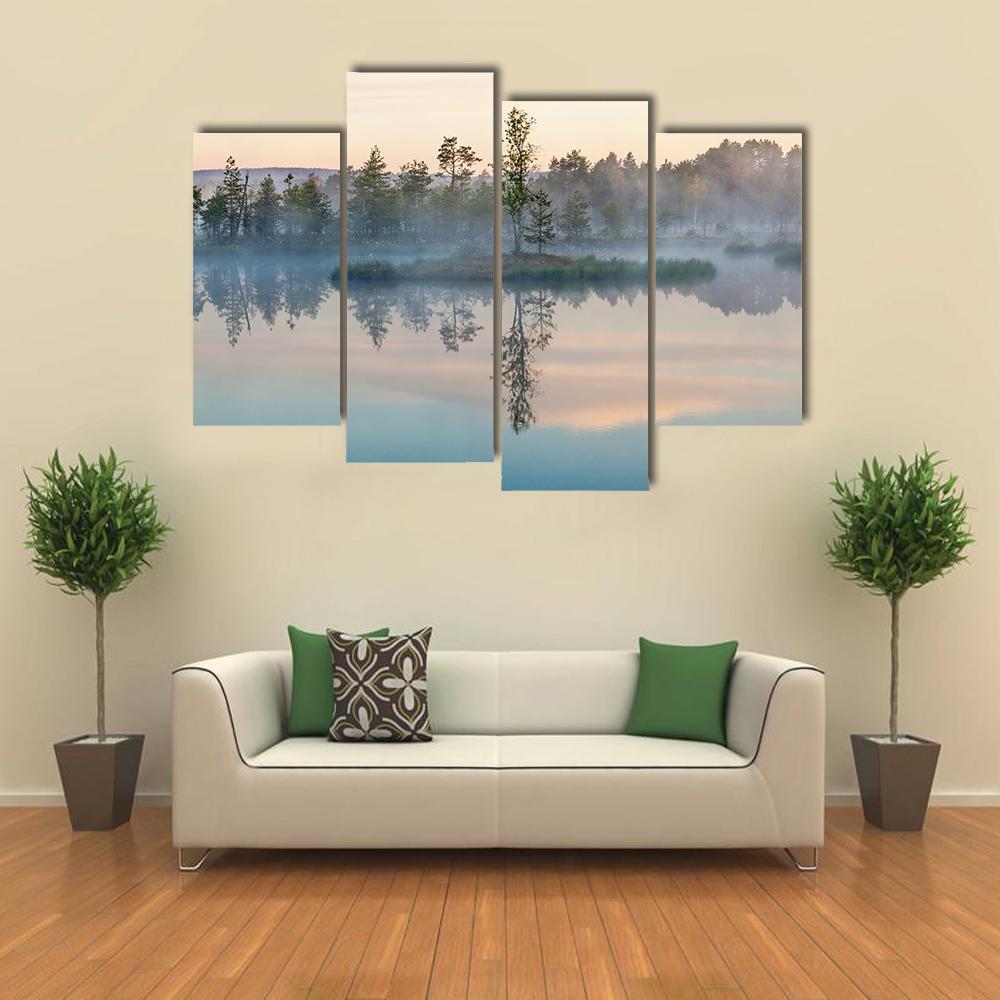 Morning Fog On Lake Canvas Wall Art-4 Pop-Gallery Wrap-50" x 32"-Tiaracle