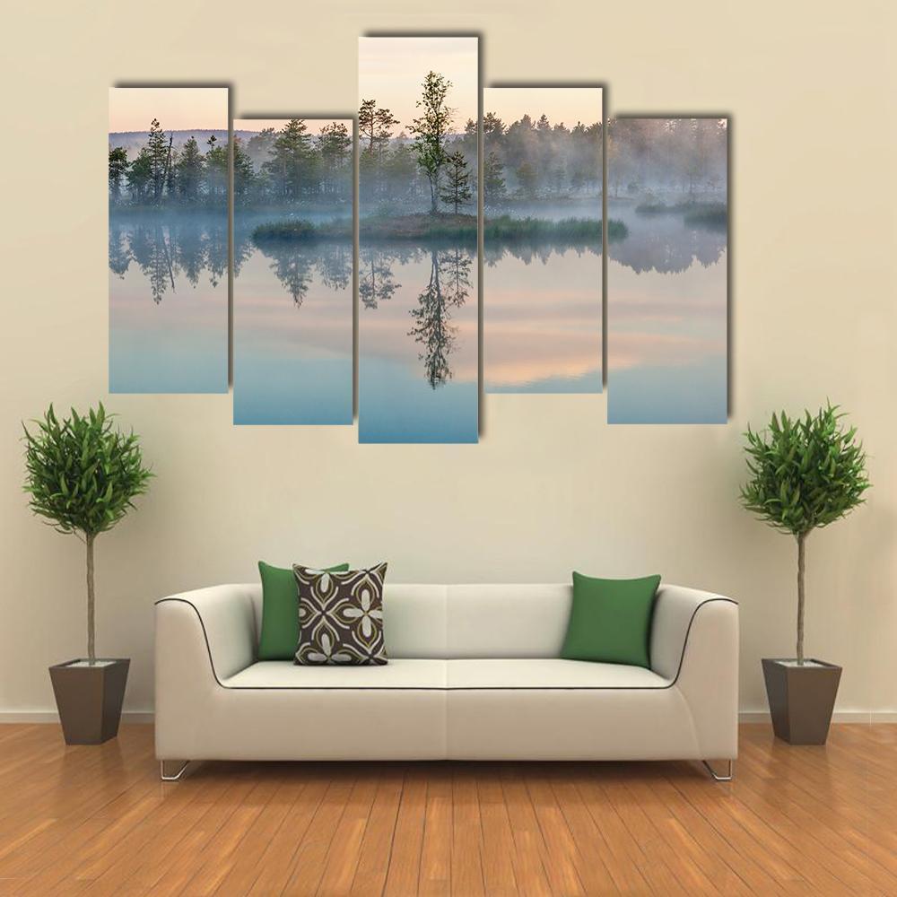 Morning Fog On Lake Canvas Wall Art-5 Pop-Gallery Wrap-47" x 32"-Tiaracle