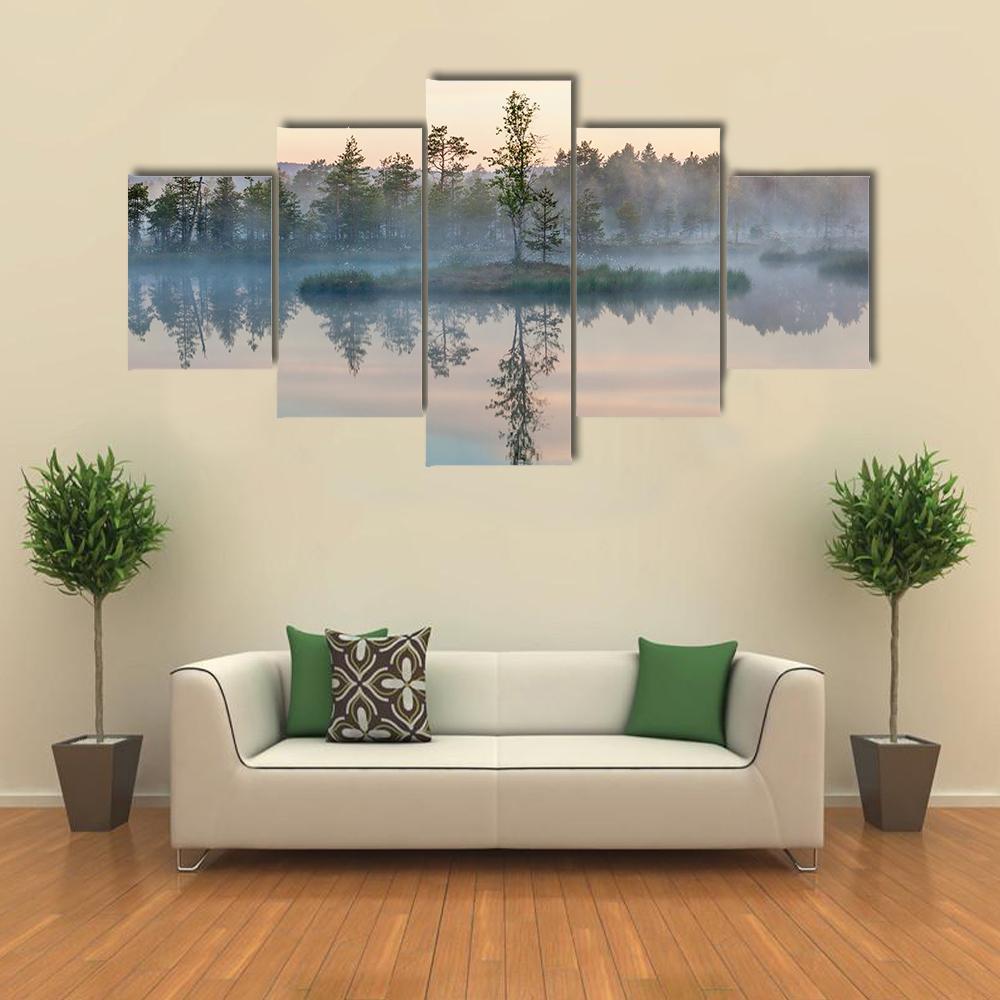 Morning Fog On Lake Canvas Wall Art-5 Star-Gallery Wrap-62" x 32"-Tiaracle