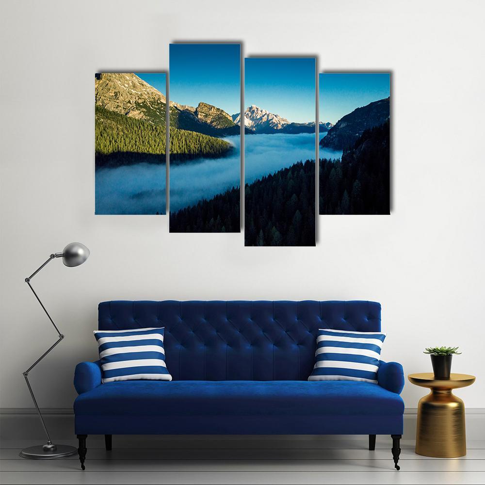 Morning Fog Over Forest Canvas Wall Art-4 Pop-Gallery Wrap-50" x 32"-Tiaracle