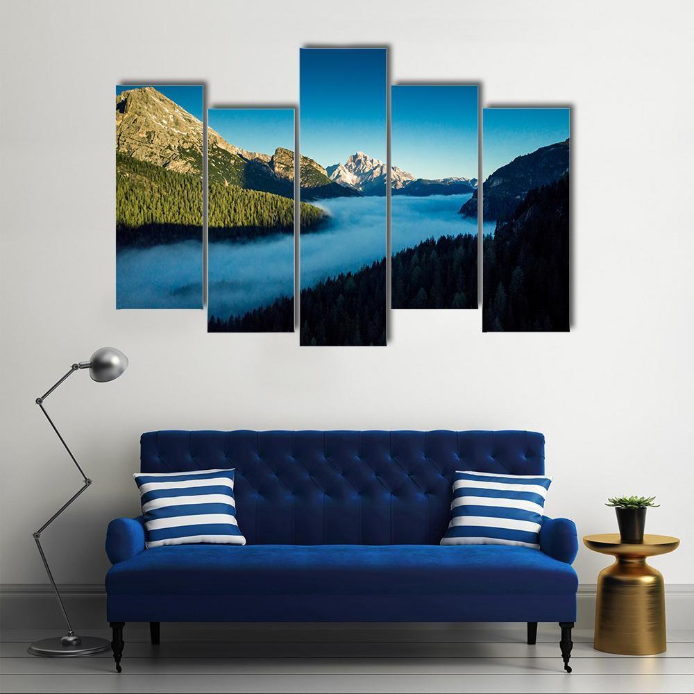 Morning Fog Over Forest Canvas Wall Art-5 Pop-Gallery Wrap-47" x 32"-Tiaracle