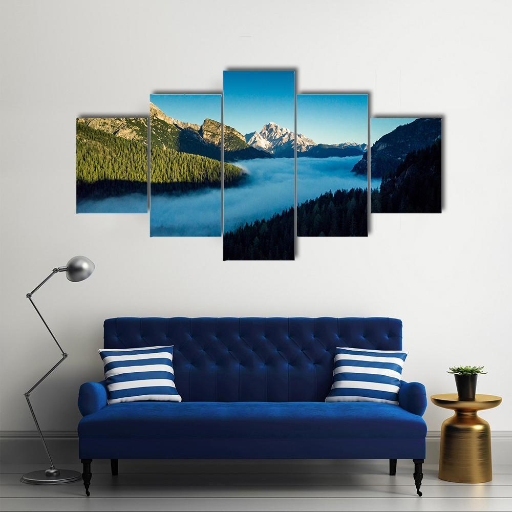 Morning Fog Over Forest Canvas Wall Art-5 Star-Gallery Wrap-62" x 32"-Tiaracle