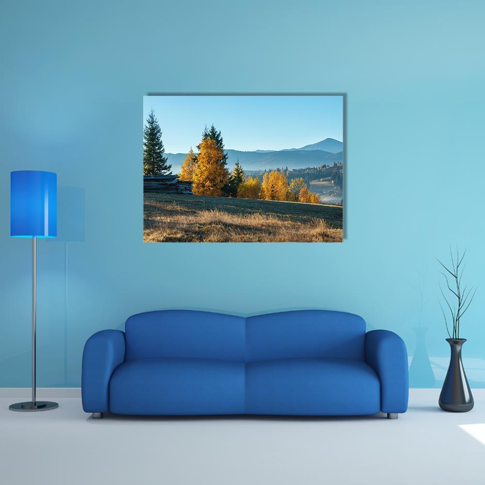 Morning in the Carpathian Mountains Canvas Wall Art in brown, yellow and blue, single panel hung on a wall