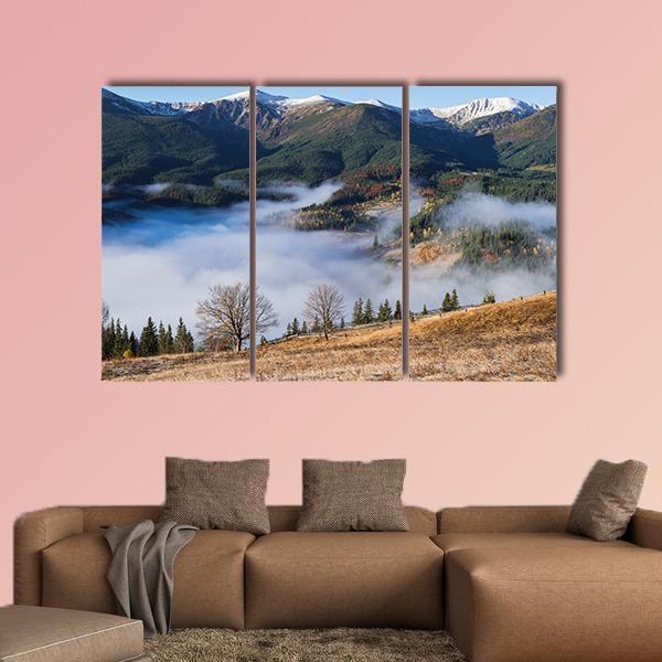 Foggy Mountain Village Canvas Wall Art-3 Horizontal-Gallery Wrap-37" x 24"-Tiaracle