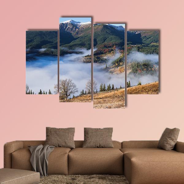 Foggy Mountain Village Canvas Wall Art-4 Pop-Gallery Wrap-50" x 32"-Tiaracle