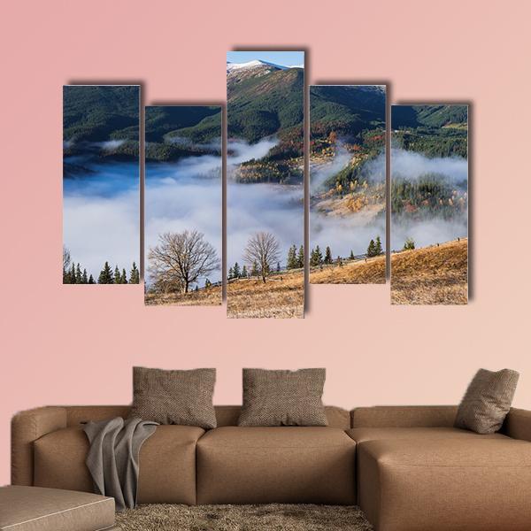 Foggy Mountain Village Canvas Wall Art-5 Pop-Gallery Wrap-47" x 32"-Tiaracle