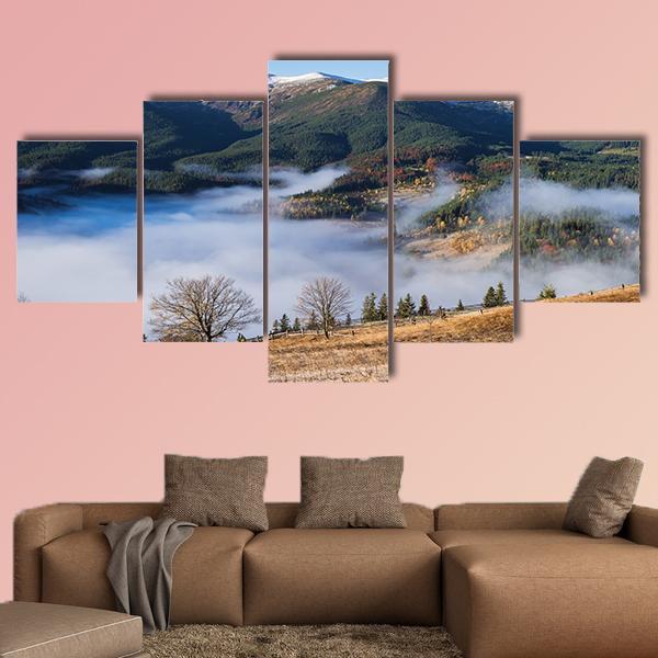 Foggy Mountain Village Canvas Wall Art-5 Star-Gallery Wrap-62" x 32"-Tiaracle