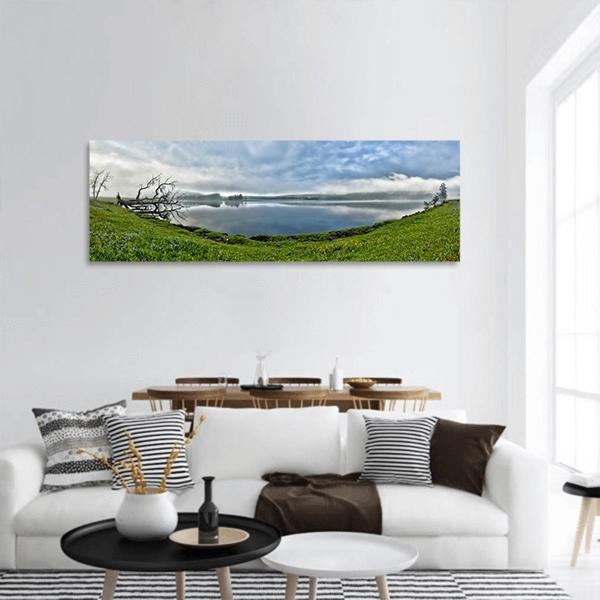 Morning Mist Over Lake Panoramic Canvas Wall Art-3 Piece-25" x 08"-Tiaracle