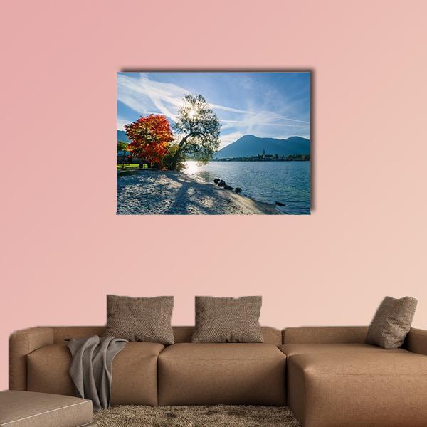 Autumn Morning on the Lake Canvas Wall Art in white, orange and blue, single panel hung on a wall