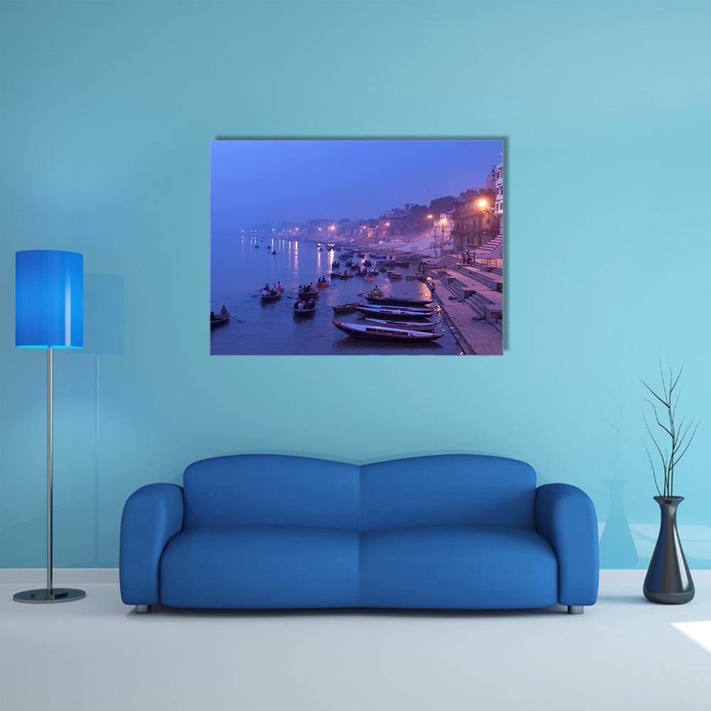 Morning Rowboats Along Misty Ghats Canvas Wall Art in blue and purple, single panel hung on a wall