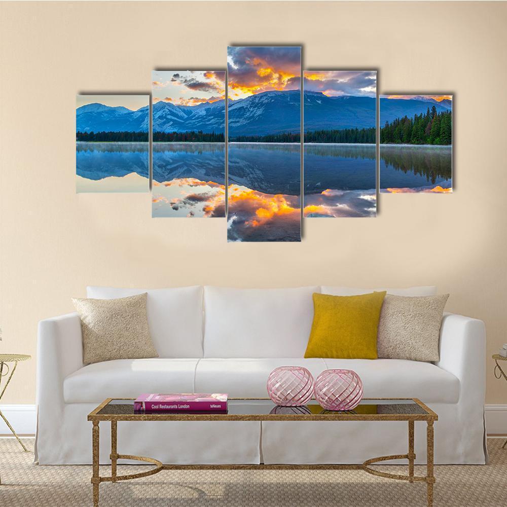 Morning In Edith Lake Canvas Wall Art-4 Pop-Gallery Wrap-50" x 32"-Tiaracle