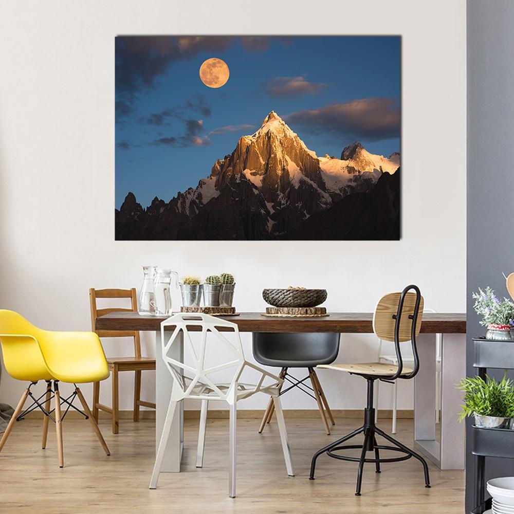 Paiyu Peak at Sunrise Canvas Wall Art in brown, orange and blue, single panel hung on a wall