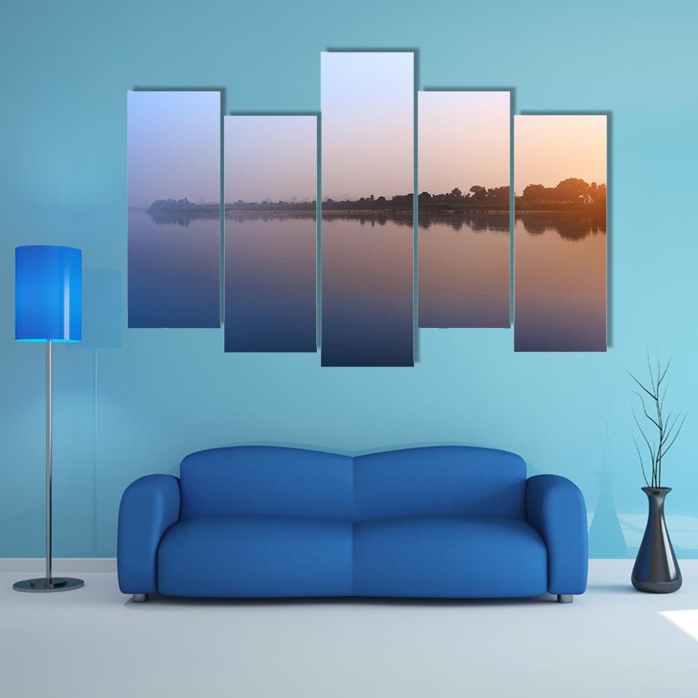 Ganga River Morning Canvas Wall Art-5 Pop-Gallery Wrap-47" x 32"-Tiaracle