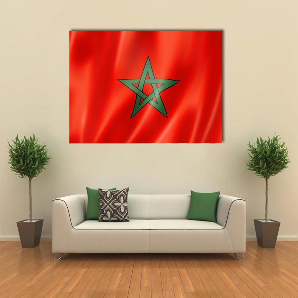 Waving Moroccan Flag Canvas Wall Art in red and green, single panel hung on a wall