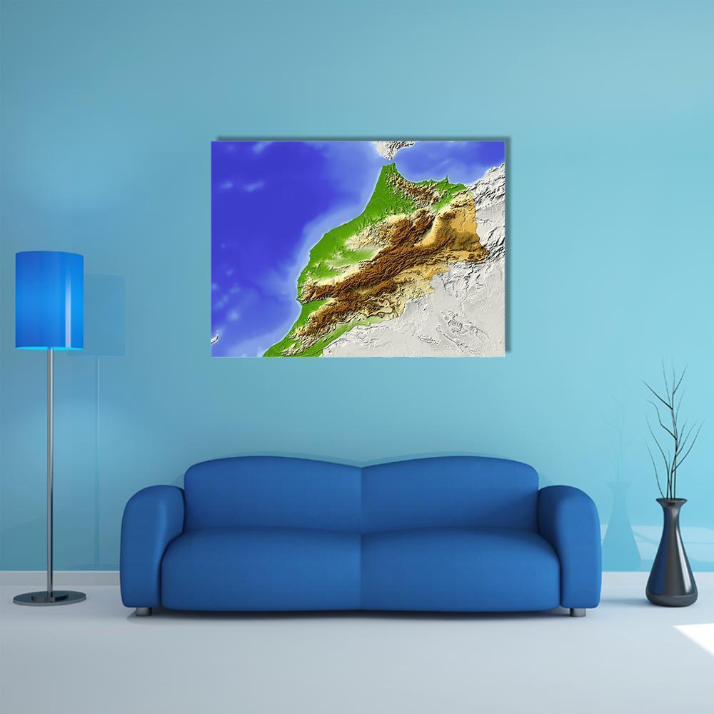 Morocco Topographic Relief Map Canvas Wall Art in brown, green and blue, single panel hung on a wall