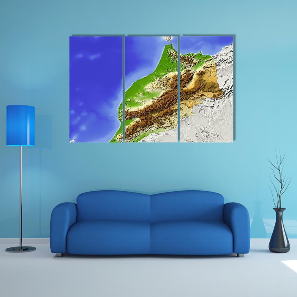 Morocco Topographical Map Canvas Wall Art in brown, green and blue, 3 panel horizontal set hung on a wall