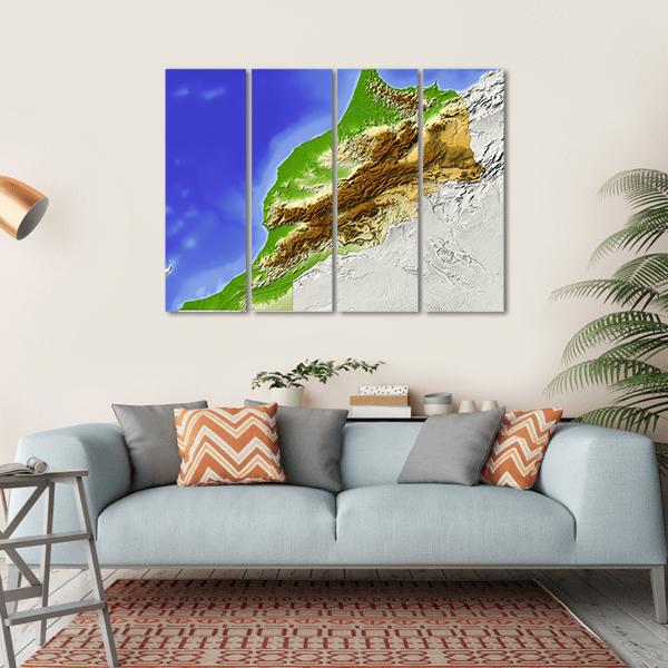 Morocco Topographic Relief Map Canvas Wall Art in brown, green and blue, hung on a wall