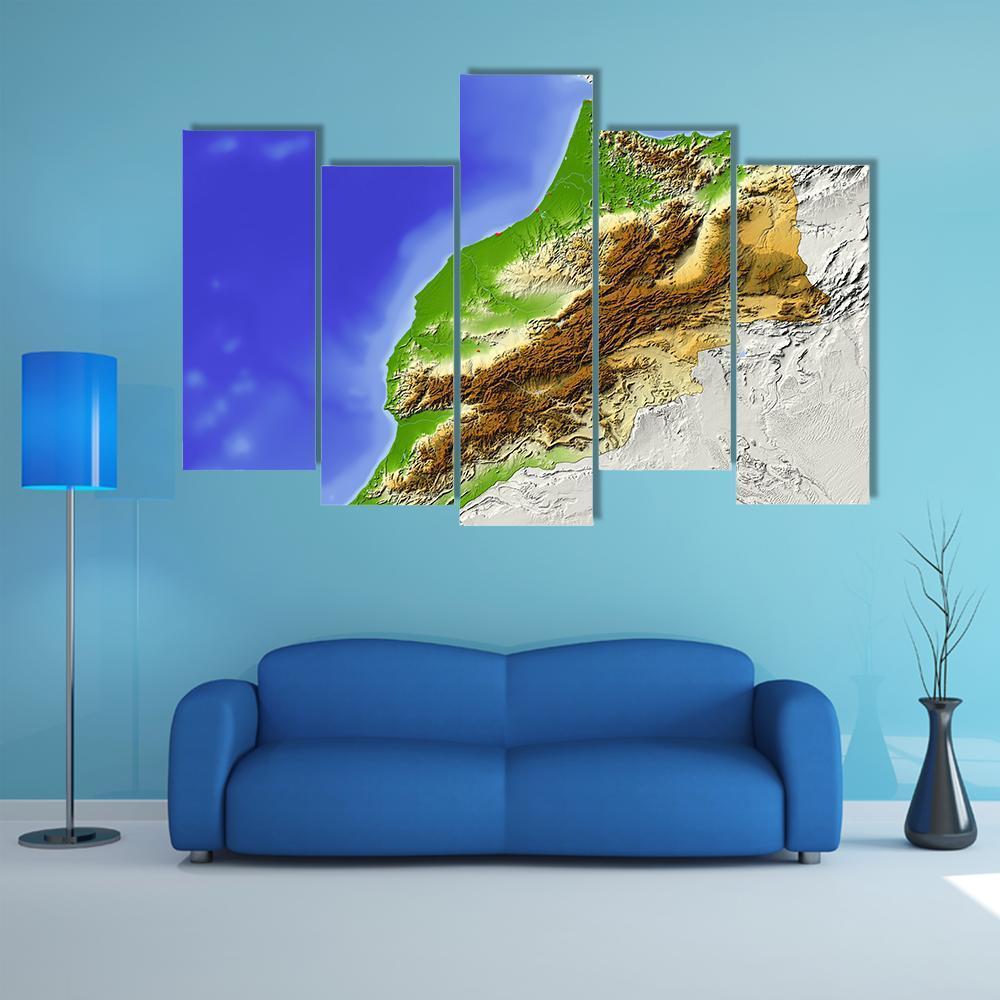 Morocco Terrain On Map Canvas Wall Art-5 Pop-Gallery Wrap-47" x 32"-Tiaracle