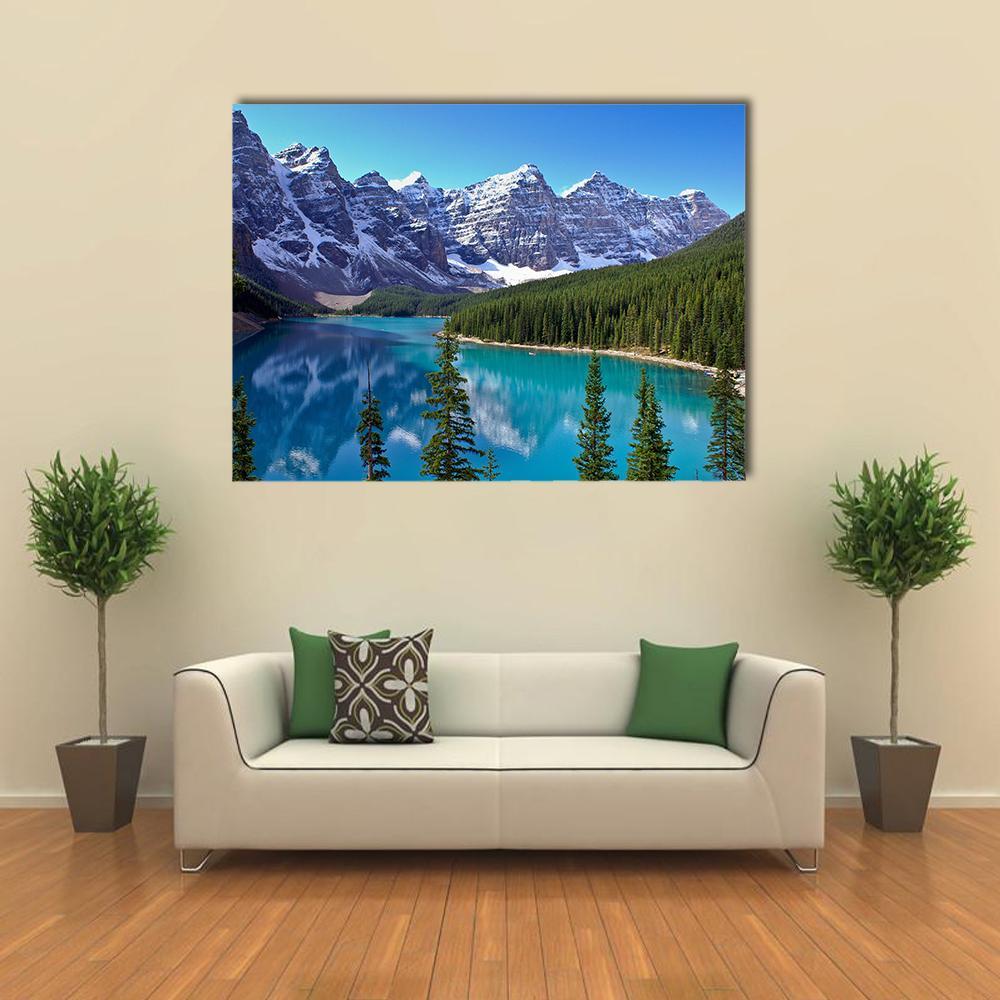 Morraine Lake, Canada Canvas Wall Art in gray, green and blue, single panel hung on a wall