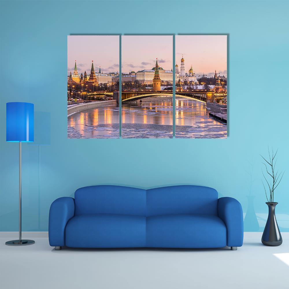 Illuminated Moscow Kremlin Canvas Wall Art-3 Horizontal-Gallery Wrap-37" x 24"-Tiaracle