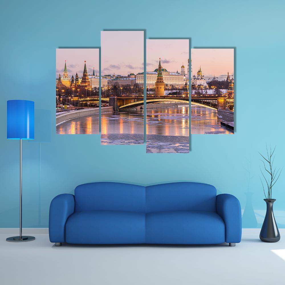 Illuminated Moscow Kremlin Canvas Wall Art-4 Pop-Gallery Wrap-50" x 32"-Tiaracle