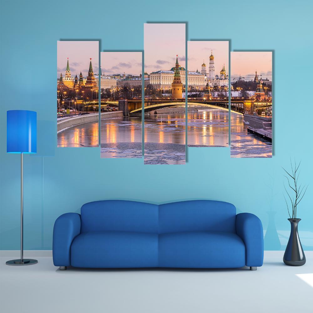 Illuminated Moscow Kremlin Canvas Wall Art-5 Pop-Gallery Wrap-47" x 32"-Tiaracle
