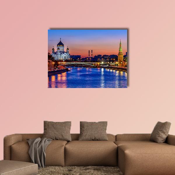 Moscow River Cathedral at Dusk Canvas Wall Art in orange and blue, single panel hung on a wall