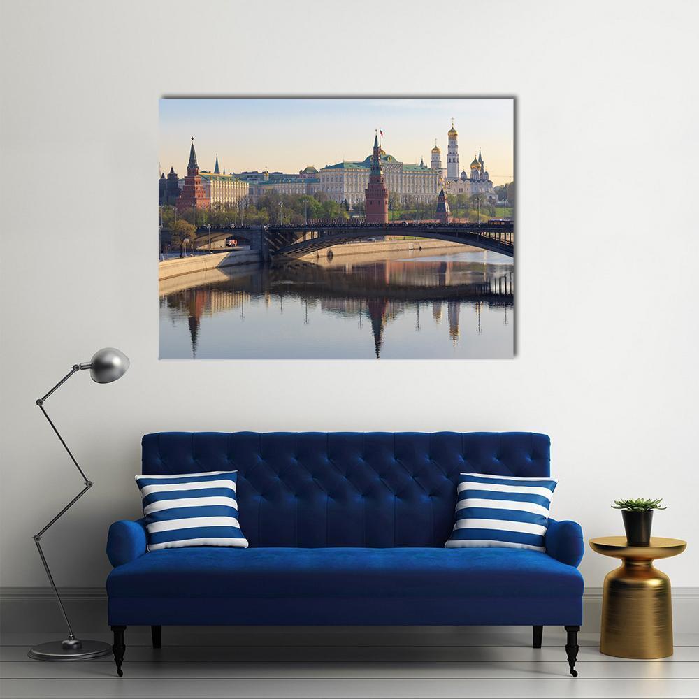 Moscow Kremlin with River Reflections Canvas Wall Art in gray, brown and blue, single panel hung on a wall