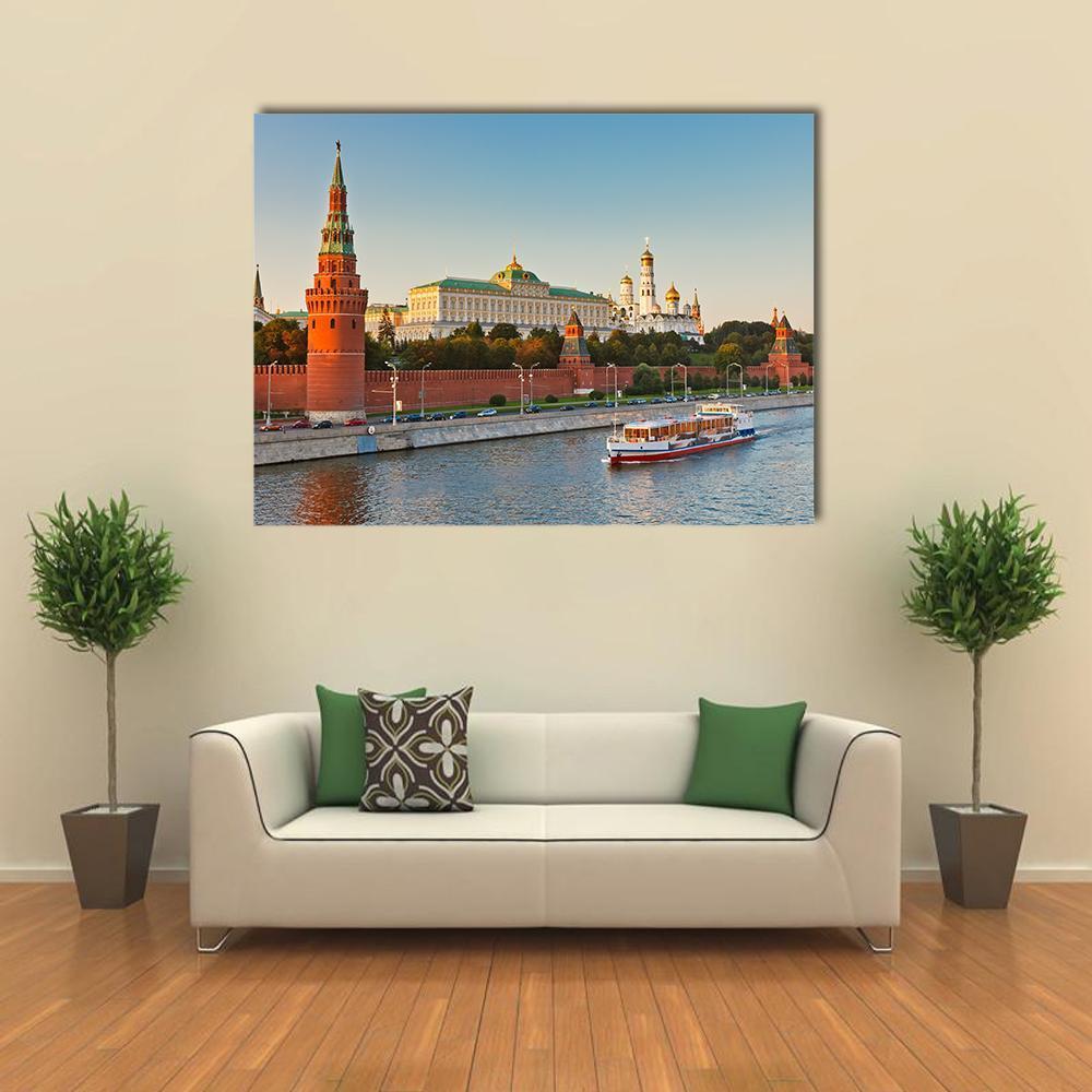 Moscow Kremlin at Sunset Canvas Wall Art in red, orange and blue, single panel hung on a wall