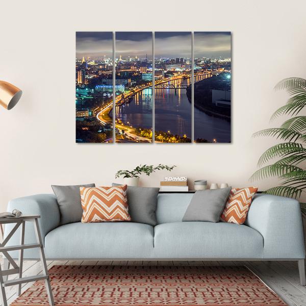 Moscow River &amp; City At Night Canvas Wall Art-4 Horizontal-Gallery Wrap-34" x 24"-Tiaracle