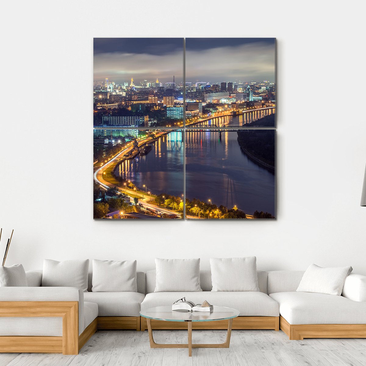 Moscow River &amp; City At Night Canvas Wall Art-4 Square-Gallery Wrap-17" x 17"-Tiaracle