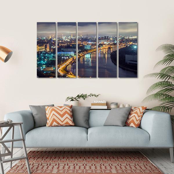 Moscow River & City At Night Canvas Wall Art-5 Horizontal-Gallery Wrap-22" x 12"-Tiaracle