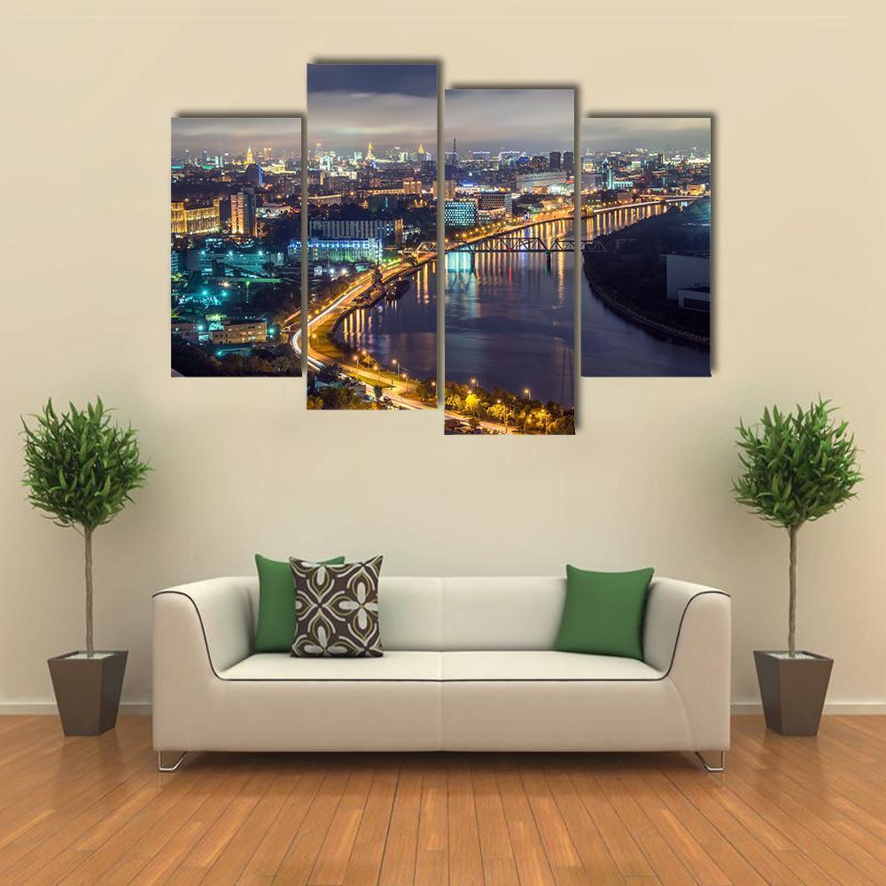 Moscow River &amp; City At Night Canvas Wall Art-4 Pop-Gallery Wrap-50" x 32"-Tiaracle