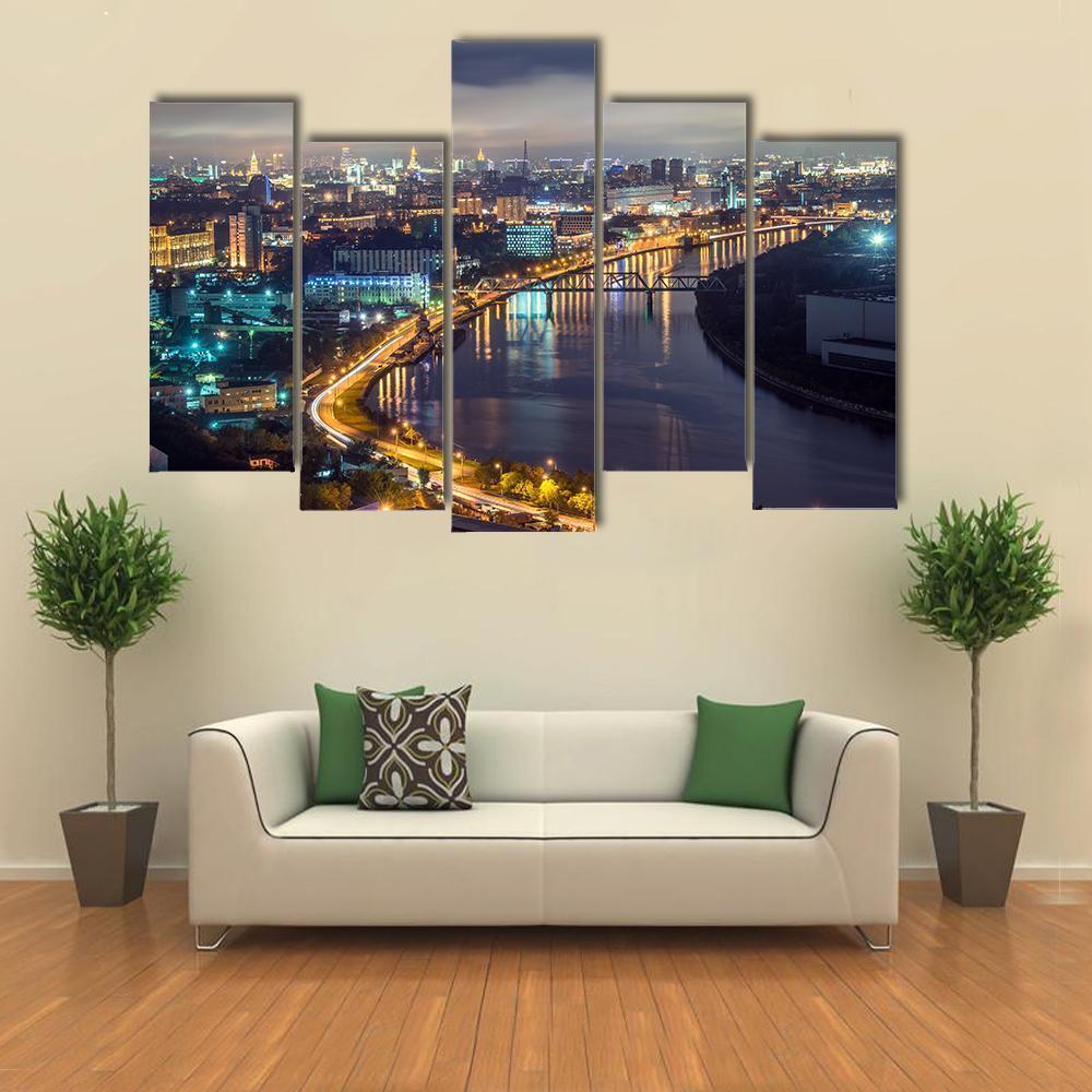 Moscow River &amp; City At Night Canvas Wall Art-5 Pop-Gallery Wrap-47" x 32"-Tiaracle