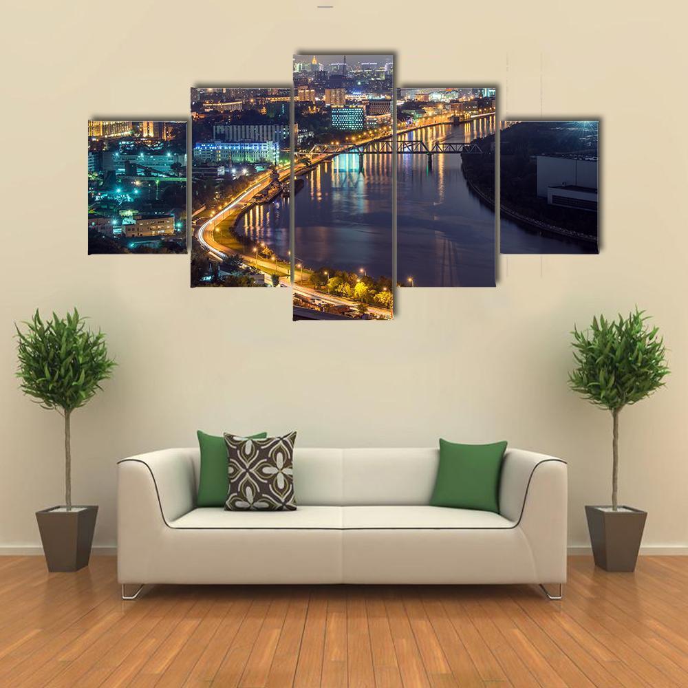 Moscow River & City At Night Canvas Wall Art-5 Pop-Gallery Wrap-47" x 32"-Tiaracle