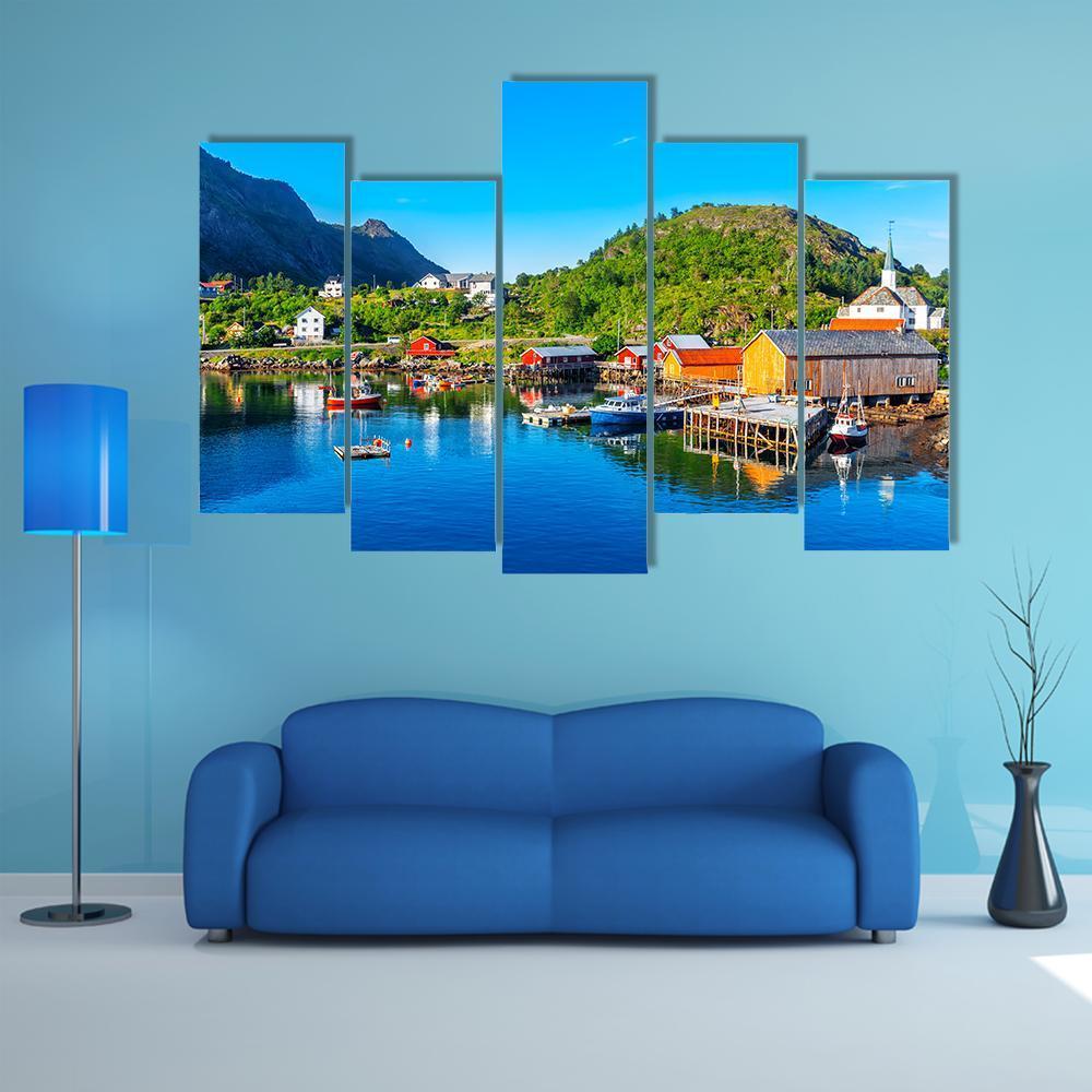 Moskenes Fishing Village Canvas Wall Art-5 Pop-Gallery Wrap-47" x 32"-Tiaracle