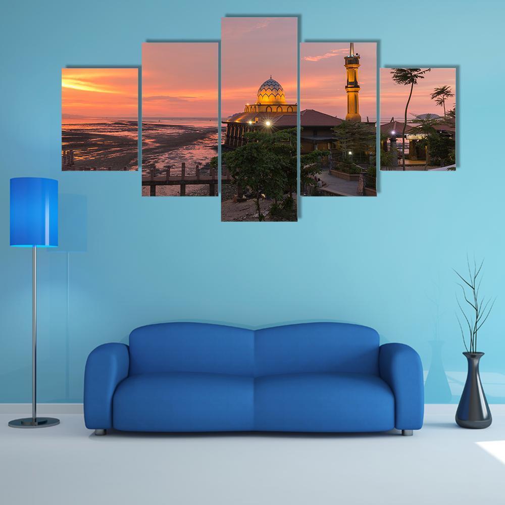 Al-hussain Mosque at Sunset Canvas Wall Art in orange, purple and pink, 5 panel Star layout hung on a wall
