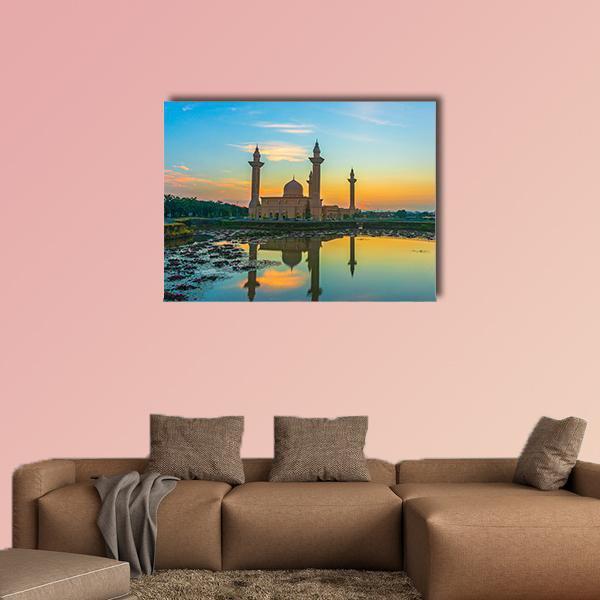Mosque Reflection On Lake Canvas Wall Art-1 Piece-Gallery Wrap-48" x 32"-Tiaracle