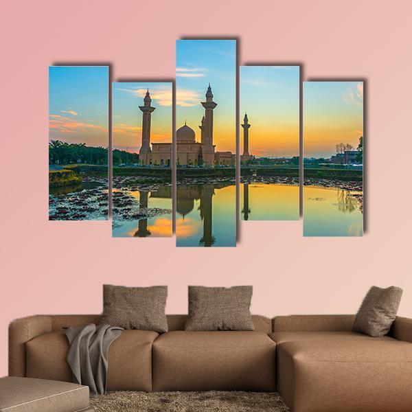 Mosque Reflection On Lake Canvas Wall Art-5 Pop-Gallery Wrap-47" x 32"-Tiaracle