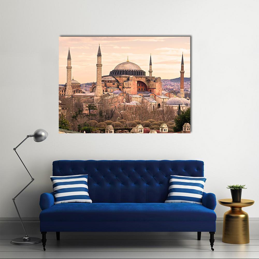 Hagia Sophia at Golden Hour Canvas Wall Art in beige, brown and orange, single panel hung on a wall