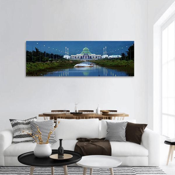 Mosque In Natuna Panoramic Canvas Wall Art-3 Piece-25" x 08"-Tiaracle