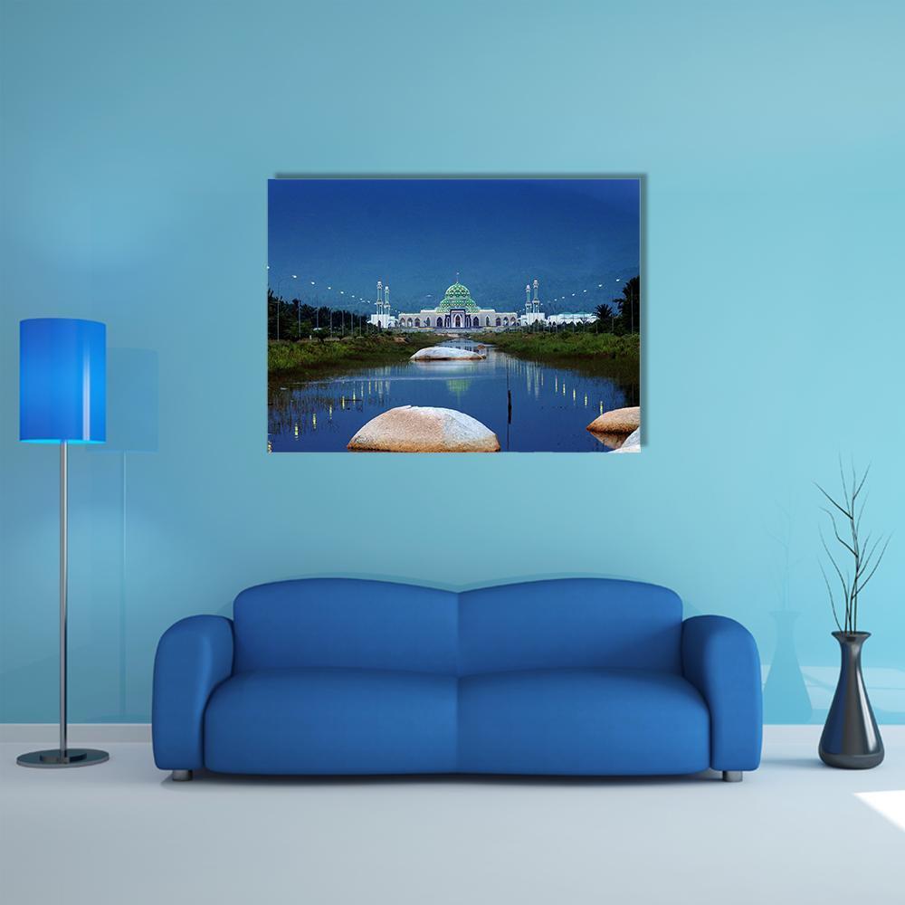 Mosque Reflected in Water at Dusk Canvas Wall Art in white, green and blue, single panel hung on a wall